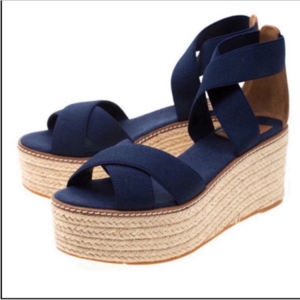 Tory Burch Navy Fabric Espadrille Wedge Sandals